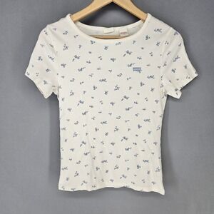 Levi's Baby Tee Women Large White Floral Ribbed Short Sleeve Crew Neck y2k